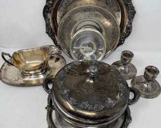 114 SilverplateTureenGravyBoatCandlesticksPlatters