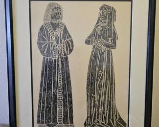 58 FramedBrassRubbingOfMedievalFiguresArideanWife