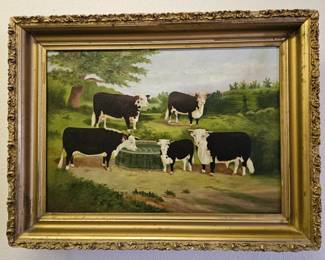 59 Early20thCenturyOilPaintingOfHolsteinFriesianCowsInAField