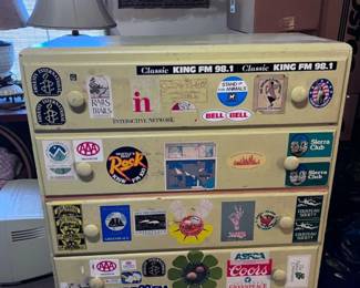 240 5DrawerWoodDresserCoveredinVintageStickers