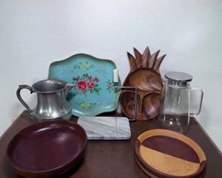 144 WoodServingPlattersPitchersandVintageMarbleCheeseSlicer