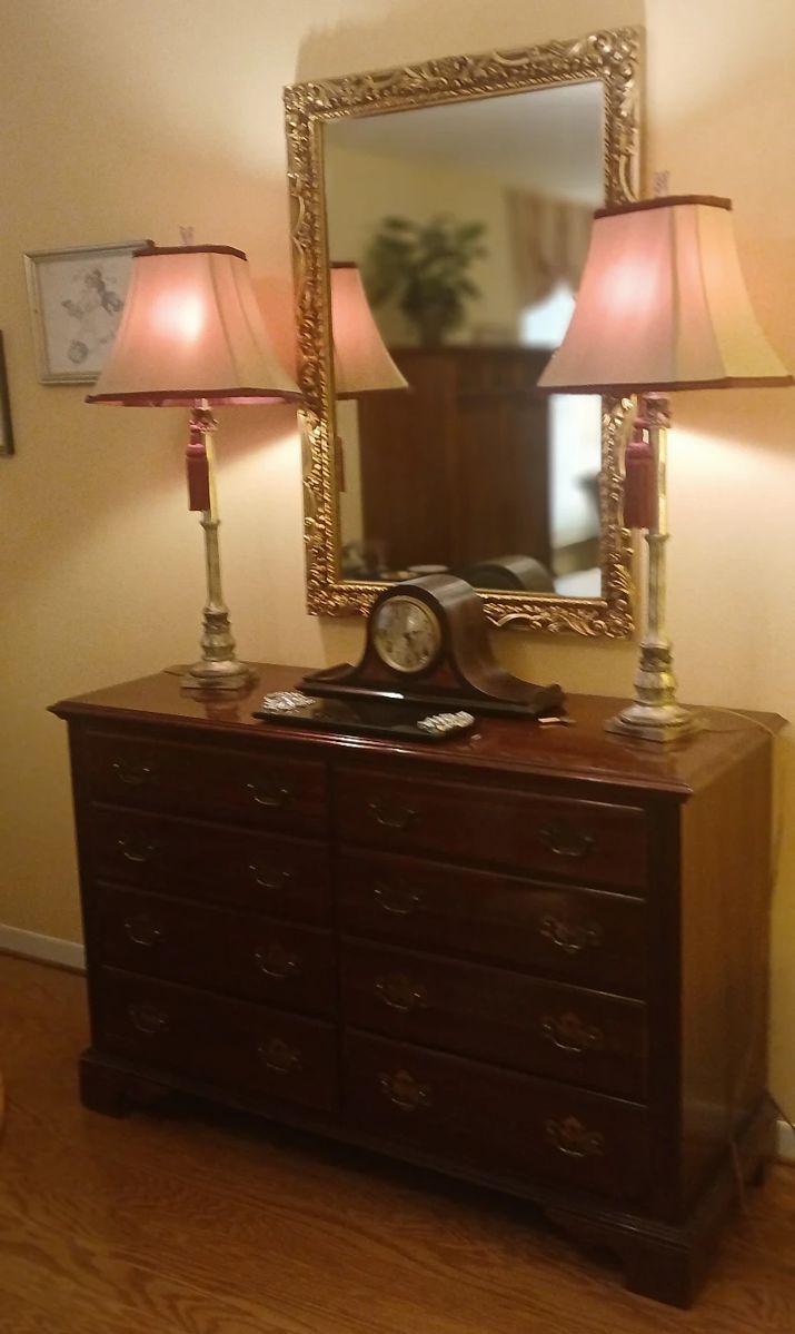 Thomasville Dresser, Mantel Clock, Buffet Lamps, Granite Cheese Board, Gold Wall Mirror