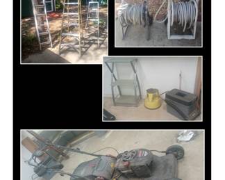 Craftsman Push Mower / Water Hose Spools / A Frame Ladder / Extension Ladder / Library Stool / Craftsman Tool Box