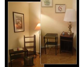 Furniture, Wooden Shelves, End Tables, Record Side Table, Floor Lamp, Brass Lamp