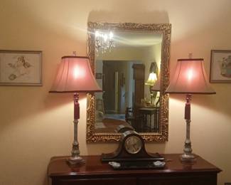 Norman Rockwell Prints, Buffet Lamps, Gold Wall Mirror, Mantle Clock, Dresser