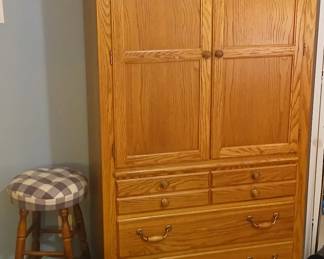 Thomasville Armoire, Vintage Suitcase, Stool