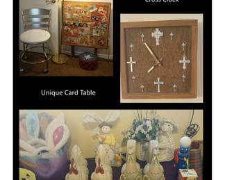 Vintage Card Table, Brass Floor Lamp, Cross Clock, Easter, Chicken Bookends