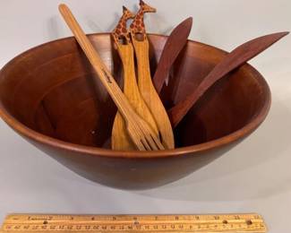Wooden bowl and serving utensils