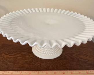 Milk glass hobnail ruffled edge cake stand