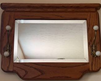 Beveled glass oak mirror with hat hooks