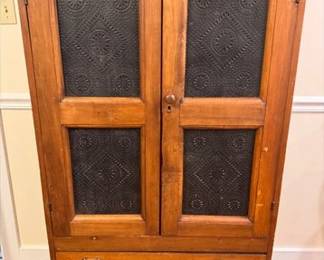 Antique pine pie safe with punched tin panels