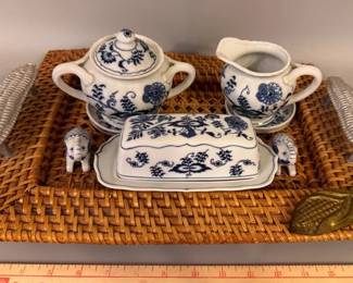 Blue Danube butter dish, butter pats, sugar and creamer