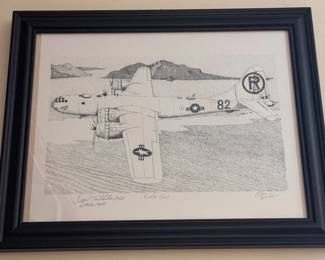 Framed drawing of the Enola Gay, Boeing B29 bomber