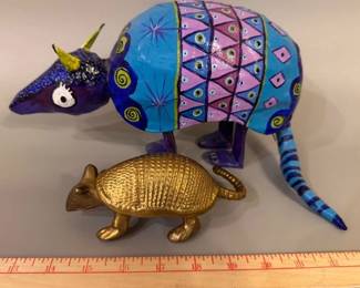 Mexican folk art and brass armadillos