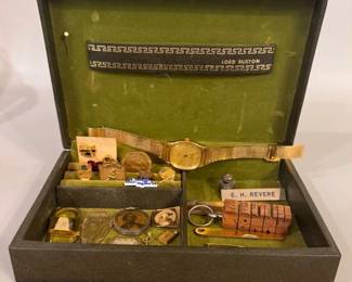 Men's jewelry box, as found, filled with momentos