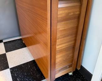 VINTAGE SPACE SAVING FOLDING TABLE AND 4 CHAIRS ON WHEELS. TAKES UP 14”1/2  x  36” OF SPACE 