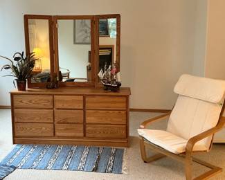 Pair of Ikea chairs. Beautiful oak dresser with matching side tables.