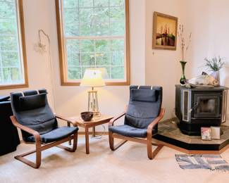 Ikea Chairs with extra cushions. Vintage Oak, Glass, and brass lamp.