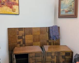 5 Piece Mid-Century Bedroom set including headboard, 2 side tables, dresser, and mirror, by Lane.