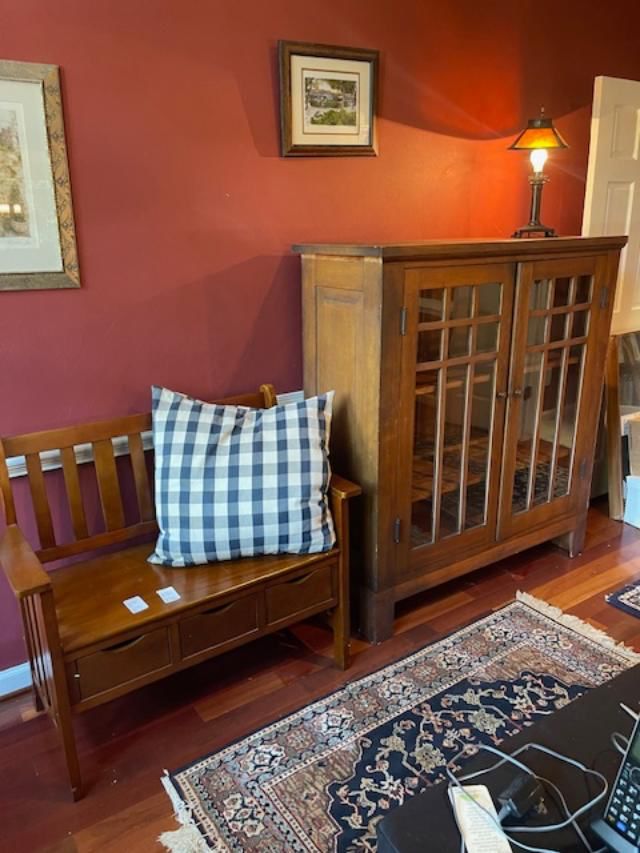 Antique arts & crafts two door bookcase, more modern arts and crafts style settee