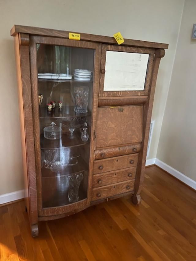 Oak desk and china cabinet