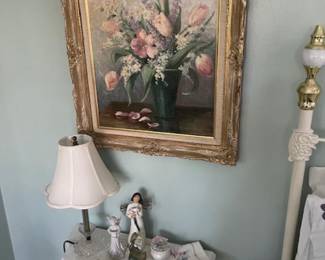 Beautiful oil painting, small wood table