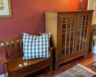Antique arts & crafts two door bookcase, more modern arts and crafts style settee