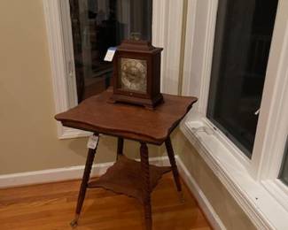 Antique oak table, mantle clock