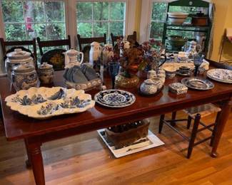 Farm table, lots of pretty blue and white china, country chairs, tole trays (large selection)