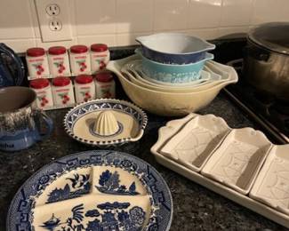 Pyrex, vintage spice set, other great contemporary and vintage kitchen items