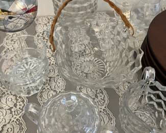 Fostoria American Clear Cubist. Pitcher, basket, glasses