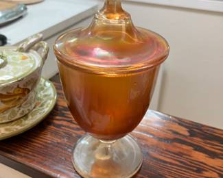 vintage carnival glass candy dish with a lid. Marigold. May be Jeannette or Fenton