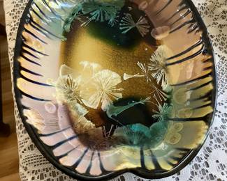 Edgecomb Potters Maine Studio Pottery Bowl with a leaf shape and crystalline glaze.