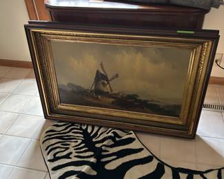 Beautiful oil painting of a windmill in a gorgeous Victorian frame