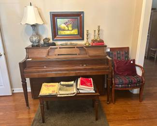 Everett Piano with Bench, sheet Music, Brass Candlesticks, Chair and Japanese Lamp