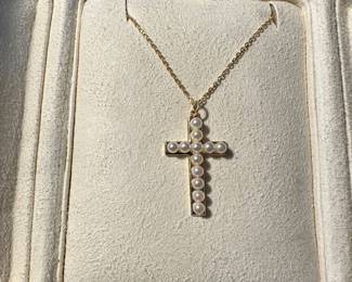 18k Gold and Pearl Cross Necklace