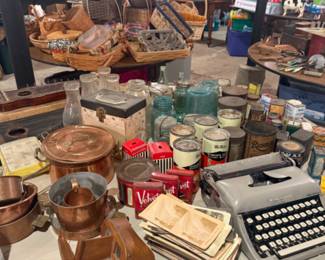 Table full of baskets: several Longaberger
