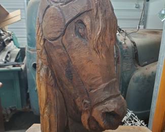 wooden carved horse head w/Indian face