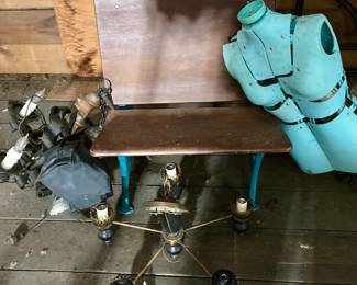 1910-20 era hanging brass and iron lamps, sewing mannequin, school desk