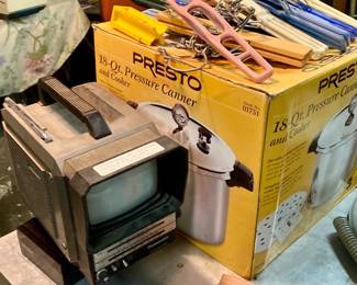Vintage portable Tv, pressure canner in box