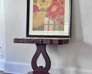 Mahogany harp table with coral print.
