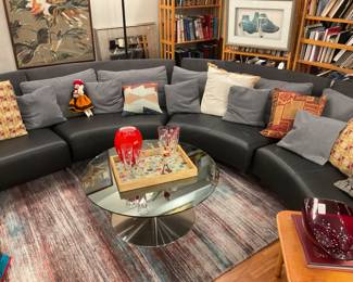 Curved leather and cloth sectional sofa $2400 + tax (depth=35” height of seat=14” height of back=30” length of each section=58”)