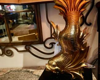Vintage brass koi lamp with marble and acrylic base