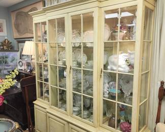 Stunning Vintage Chinoiserie Lit Breakfront with a pale yellow paint wash