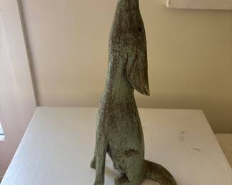 Vintage Folk Art Wood carving of a wolf howling at the moon 
15”