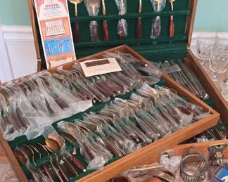 Mid-Century Rosewood & Gold Tone Silverware Set...  BRAND NEW 