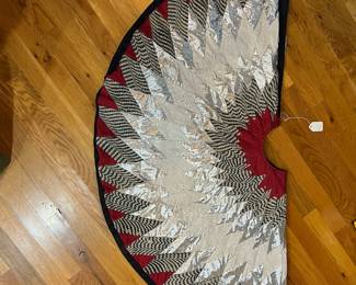 E8 - $180. Beautiful Homemade Christmas Tree Skirt made from an antique coverlets & linens. Measures 4' across.