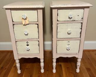E29 - $100 PAIR of matching nightstands. Each measures 14" wide x 18" deep x 30" tall. Drawers slide easily.