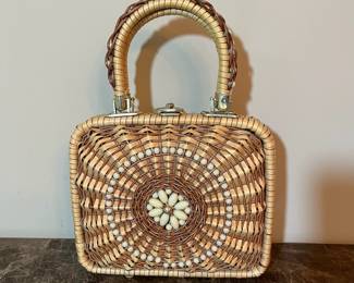 E74 - $70. 1960s/70s Straw/Wicker Box Basket Purse with Lucite Beads. Measures 9.5" x 8.5" x 3".