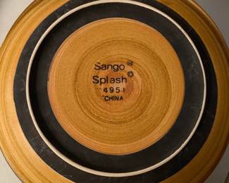 E91 - $100. Sango Splash Set. 9 Dinner Plates, 6 Salad Plates, 8 Bowls, 7 Mugs.